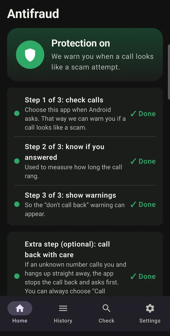 The app's home screen: protection on and the three set-up steps done