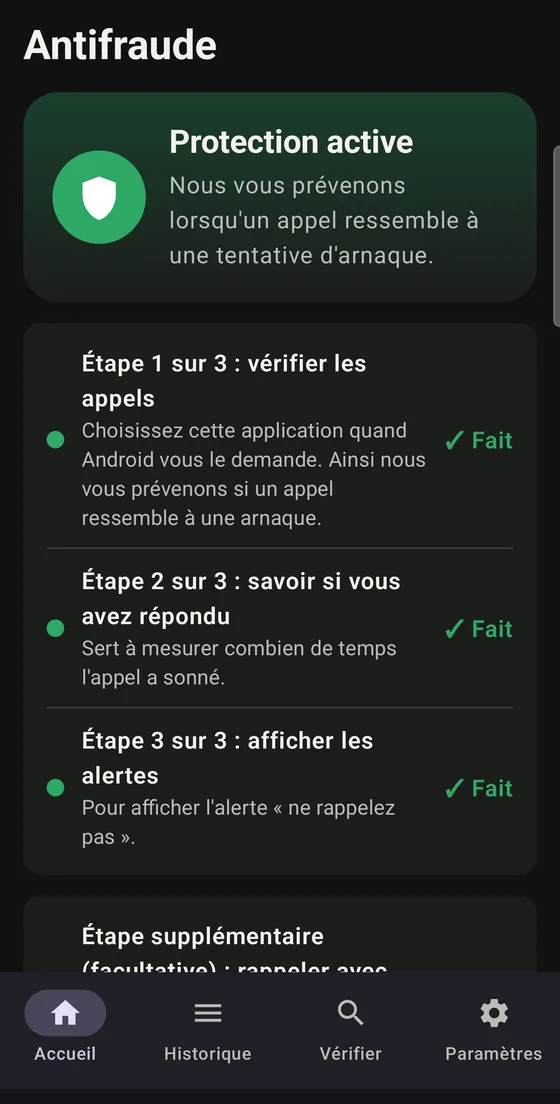 Écran d'accueil de l'application : protection active et les trois étapes d'activation terminées