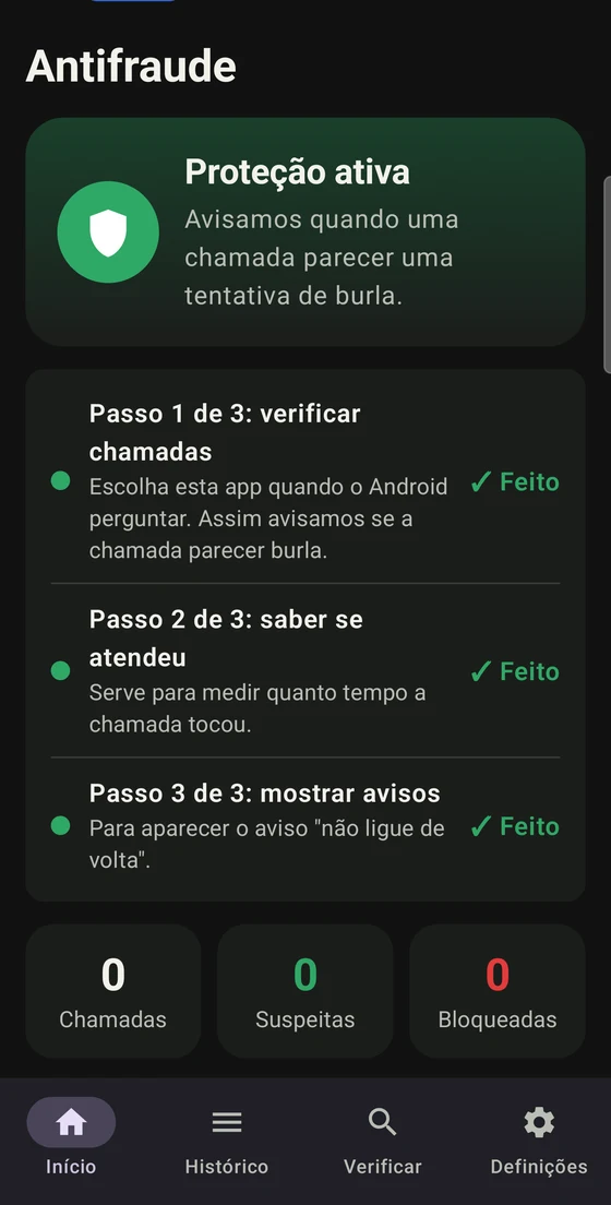 Ecrã inicial da app: proteção ativa e os três passos de ativação concluídos