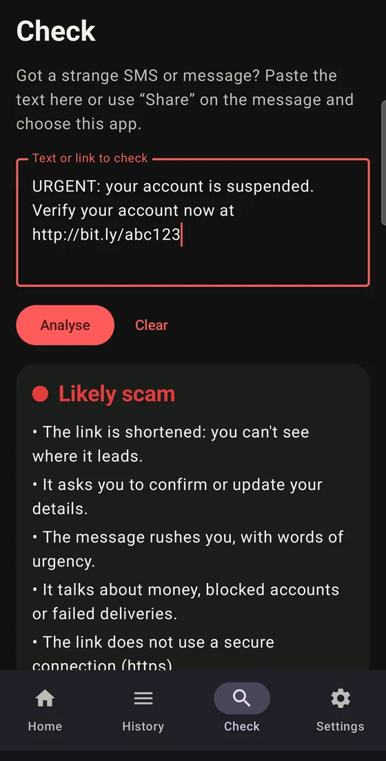 Checking a message: the app shows it is likely a scam and explains why