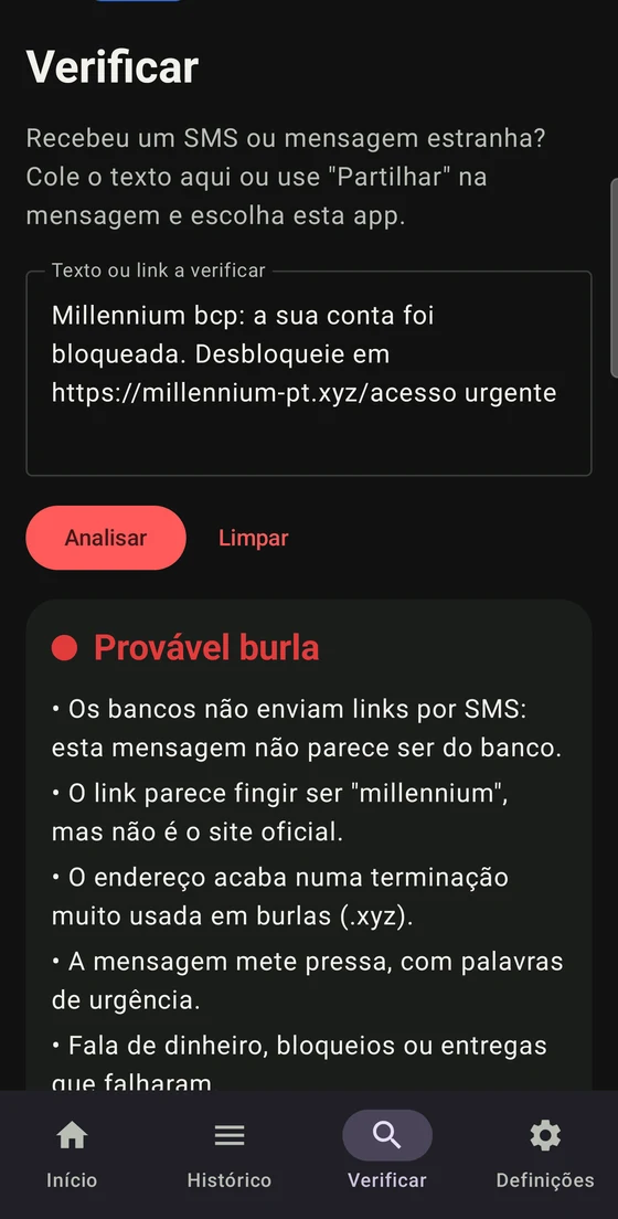 Verificar uma mensagem: a app mostra que é provável burla e explica os motivos