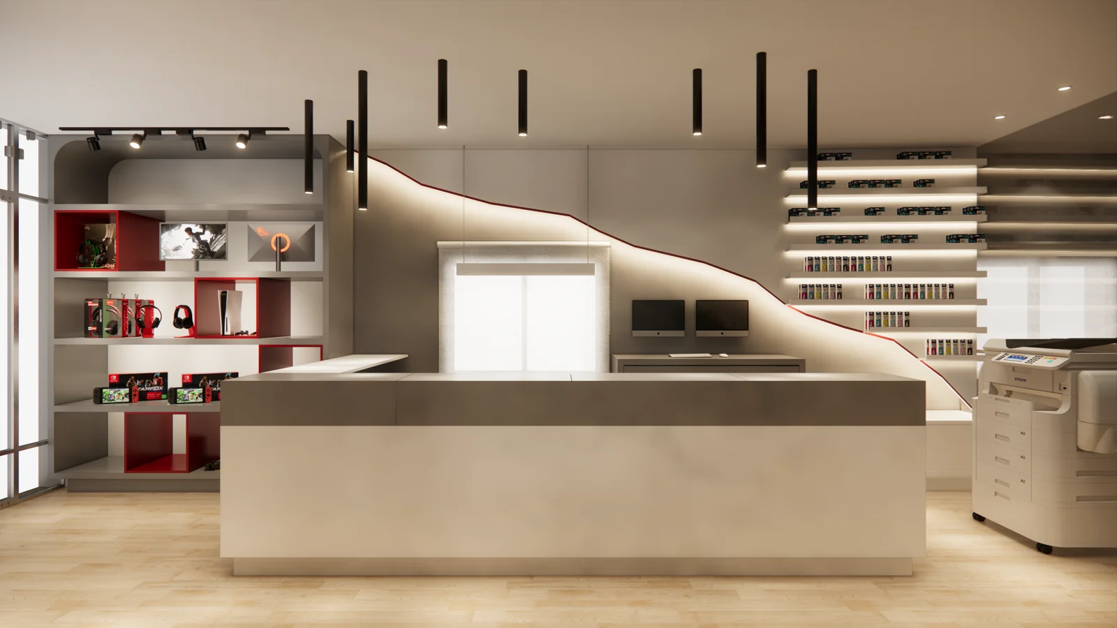 Render do projeto de interiores da InforAlvelos, com balcão angular e recortes iluminados